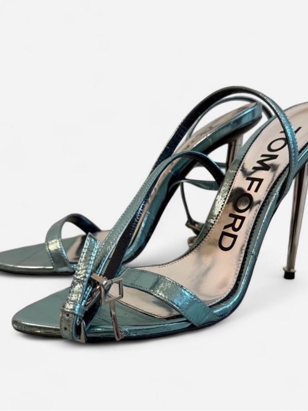 Tom Ford Padlock Metallic Aqua Blue Leather Ankle Wrap Sandals EU 39
